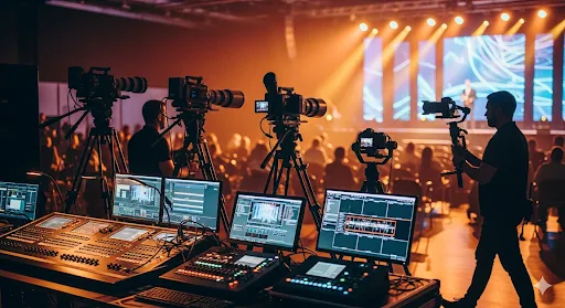 Dàn setup livestream sự kiện khai trương với 6 camera, ánh sáng sân khấu hiện đại, bàn điều khiển chuyên nghiệp, hình ảnh sắc nét.