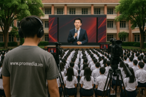 Ekip ProMedia vận hành hệ thống Live LED sân khấu với hai camera chuyên nghiệp