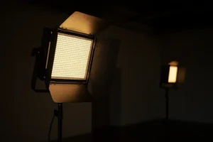 Hậu trường setup ánh sáng khi livestream sự kiện chuyên nghiệp với hệ thống đèn key light và backlight, ánh sáng vàng ấm tạo chiều sâu cho hình ảnh
