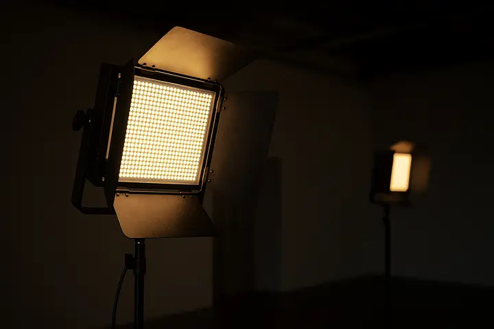 Hậu trường setup ánh sáng khi livestream sự kiện chuyên nghiệp với hệ thống đèn key light và backlight, ánh sáng vàng ấm tạo chiều sâu cho hình ảnh